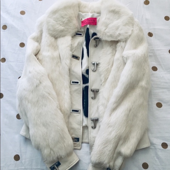 VINTAGE JUICY COUTURE Y2K WHITE RABBIT FUR COAT LEATHER JACKET NEW VIVA LA JUICY - Picture 8 of 17